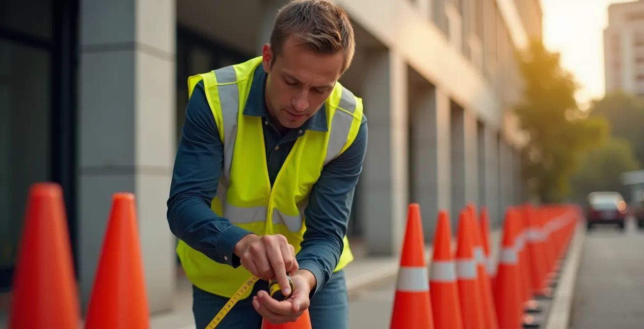 Périmètre de sécurité autour d'une façade avec barrières et cônes orange disposés selon les normes