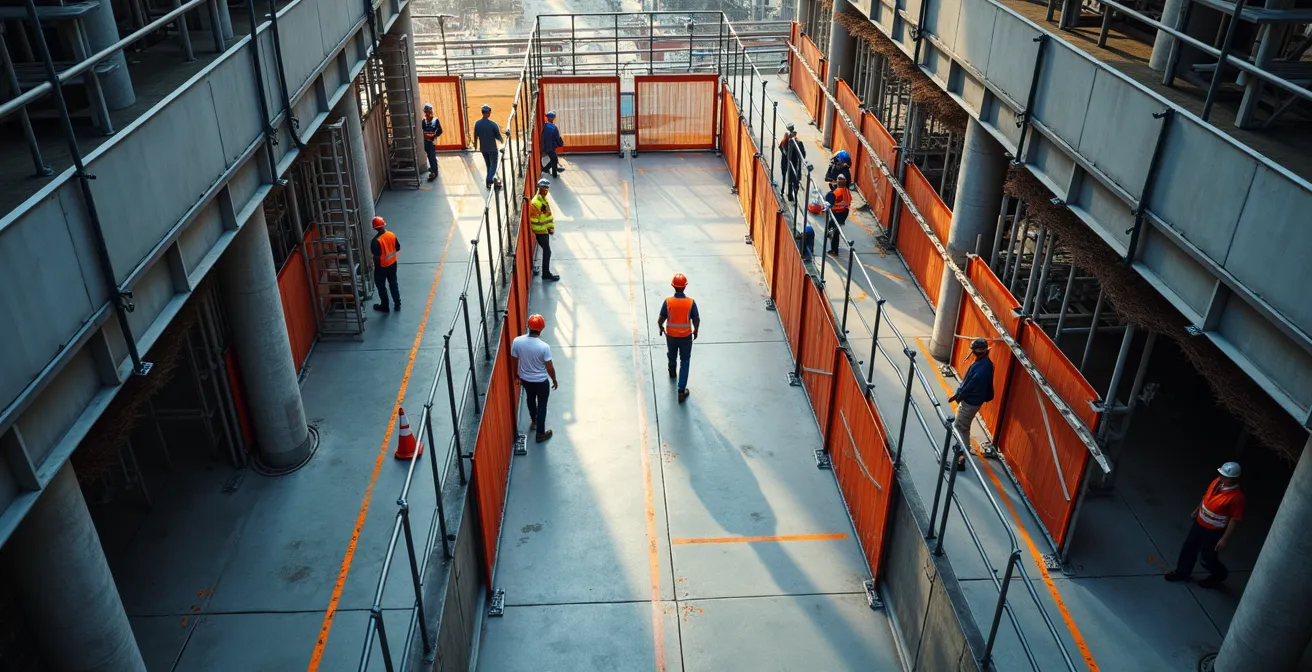 Vue aérienne d'un périmètre de sécurité dynamique autour d'un IGH avec tunnels de protection pour piétons