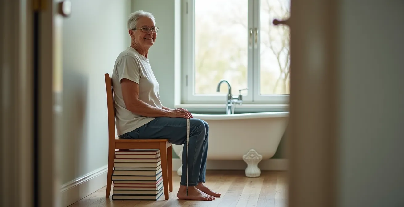 Personne âgée testant la hauteur idéale d'assise avec des livres empilés