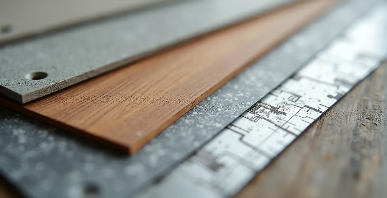 Vue macro d'un planning de chantier avec matériaux et échantillons disposés méthodiquement