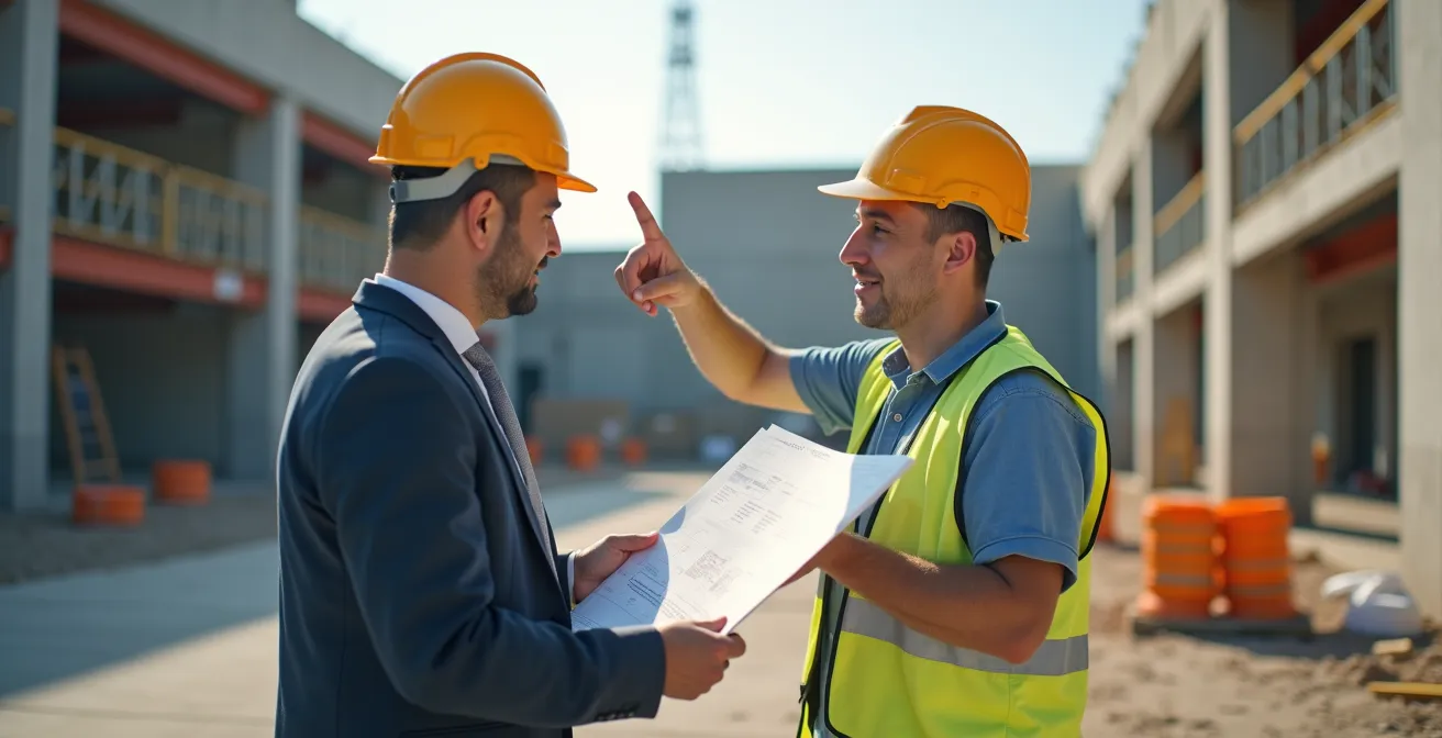 Vue d'ensemble d'une zone de chantier préparée pour l'intervention de cordistes avec périmètre de sécurité et accès dégagés