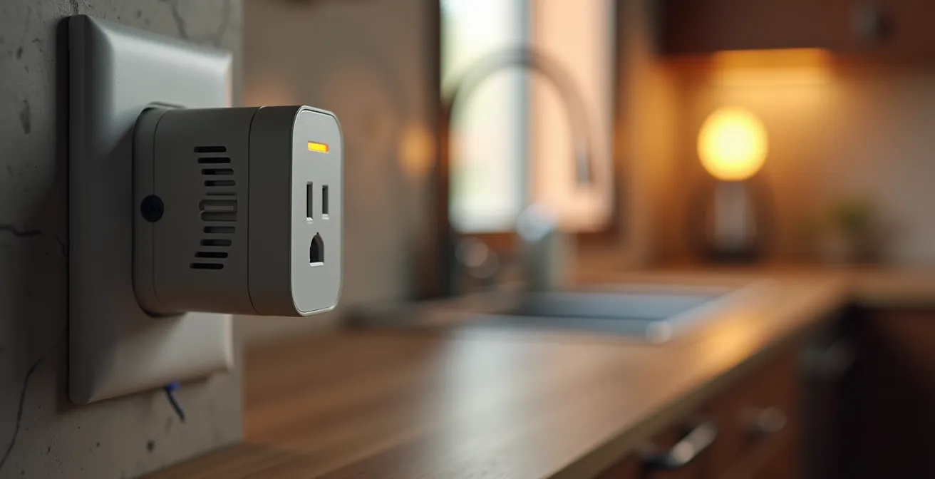 Gros plan sur une prise connectée moderne branchée au mur avec un réfrigérateur en arrière-plan flou