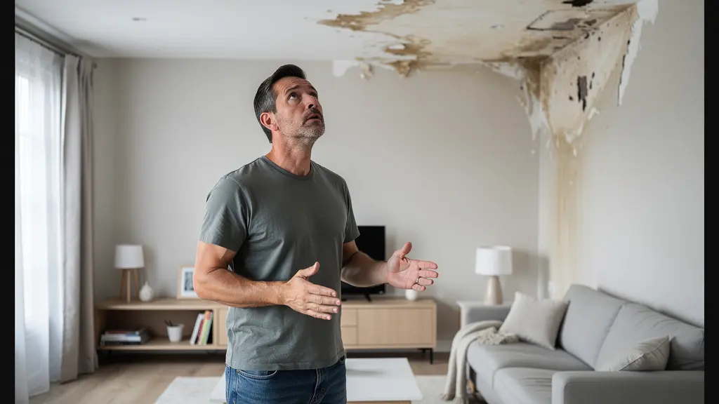 Propriétaire constatant un dégât des eaux au plafond après travaux mal réalisés