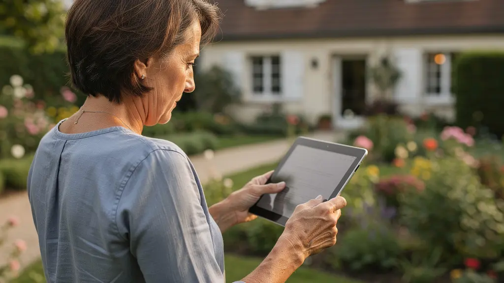 Propriétaire vérifiant des informations sur tablette devant sa maison