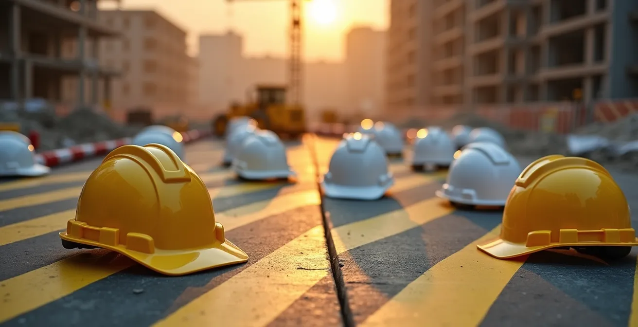 Panneau de sécurité et périmètre de sécurité sur un chantier avec ruban de signalisation