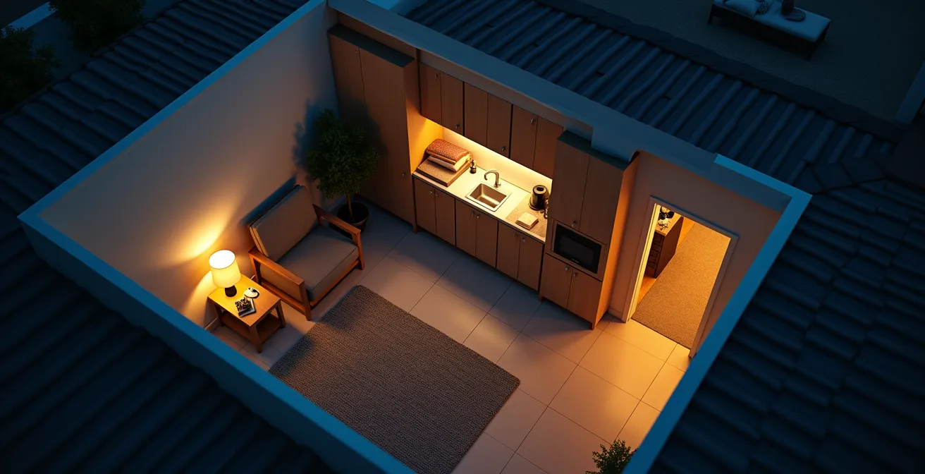Vue aérienne d'un salon avec différentes zones d'éclairage automatisé simulant une présence