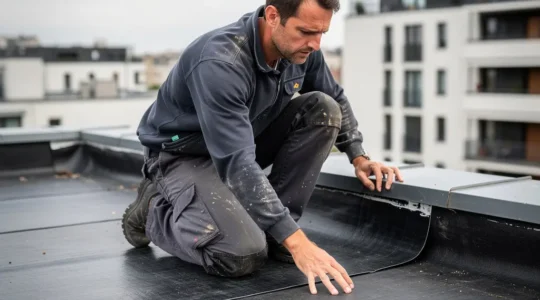 Technicien inspectant l'étanchéité d'une toiture-terrasse résidentielle
