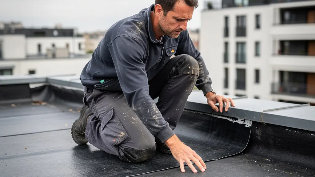Technicien inspectant l'étanchéité d'une toiture-terrasse résidentielle