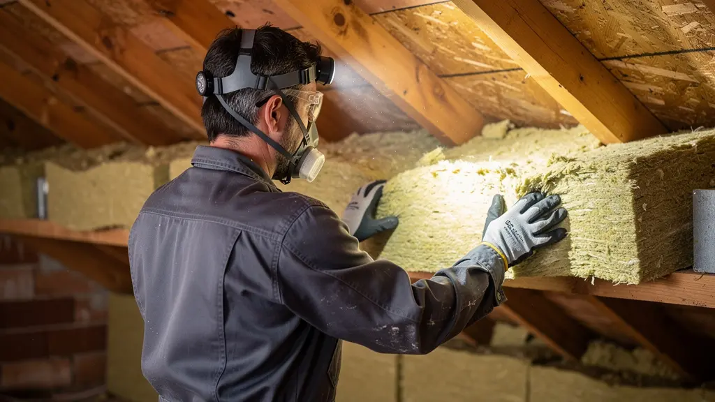 Technicien installant de l'isolation thermique dans des combles pour économies d'énergie