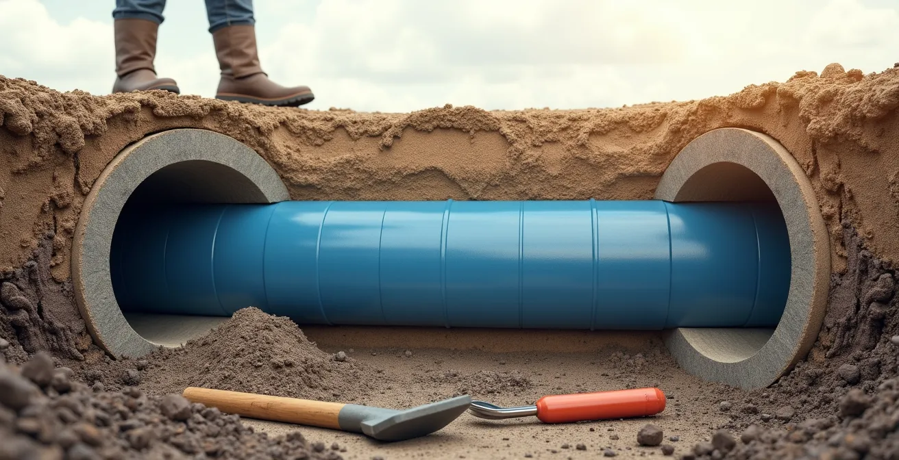 Vue en coupe d'une canalisation montrant le processus de chemisage avec résine époxy à l'intérieur