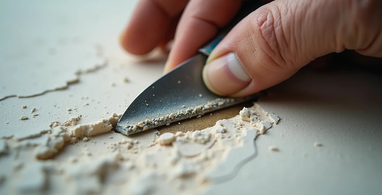 Gros plan sur une main appliquant la technique de découpe en biseau sur un enduit de façade pour une réparation invisible