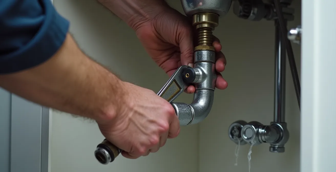 Mains de plombier utilisant une clé à lavabo pour serrer un flexible sans excès
