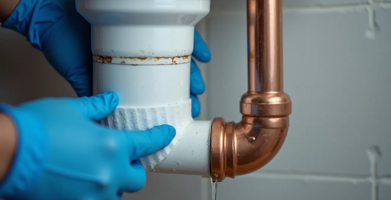 Test d'étanchéité avec papier absorbant sur les raccords d'un WC suspendu