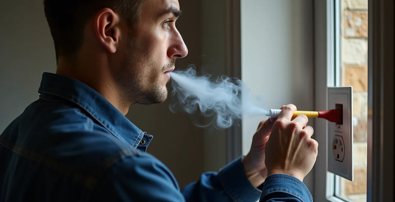 Technicien effectuant un test d'infiltrométrie avec une porte soufflante pour détecter les fuites d'air