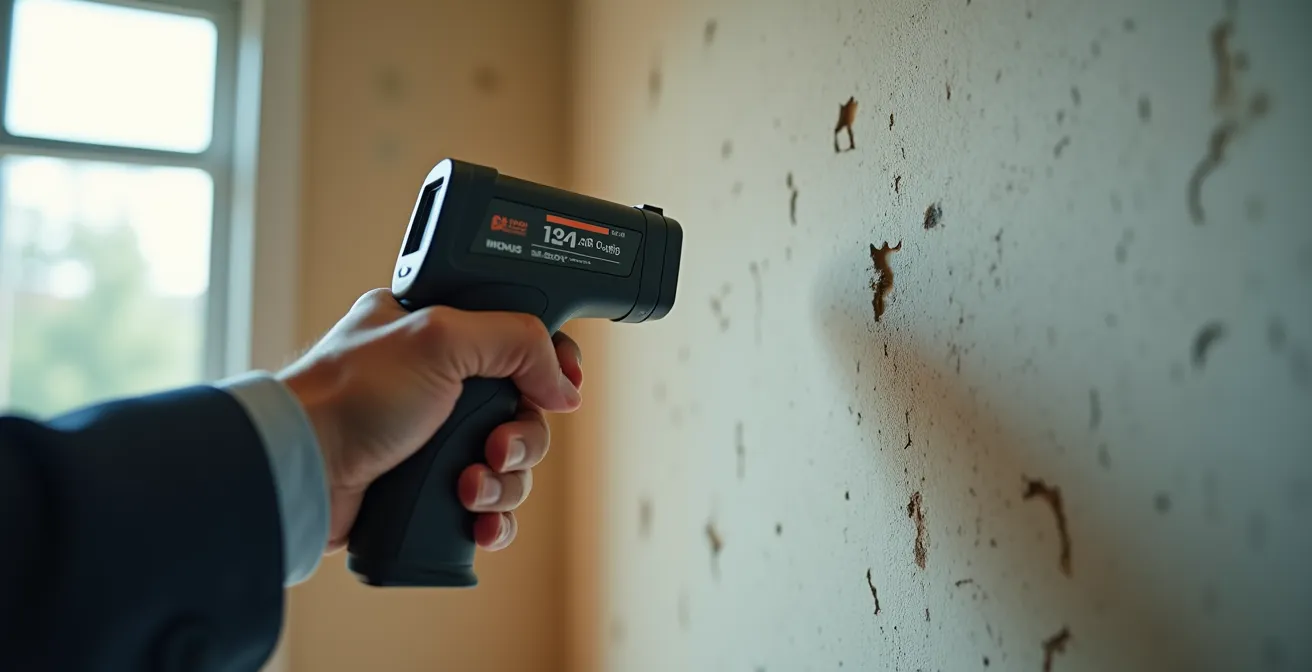 Main tenant un thermomètre infrarouge pointant vers un angle de mur montrant une mesure de température