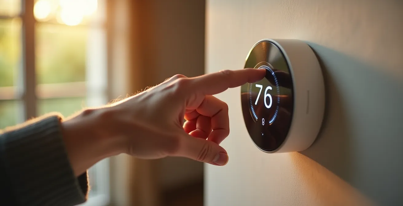 Main ajustant un thermostat mural moderne dans un salon français
