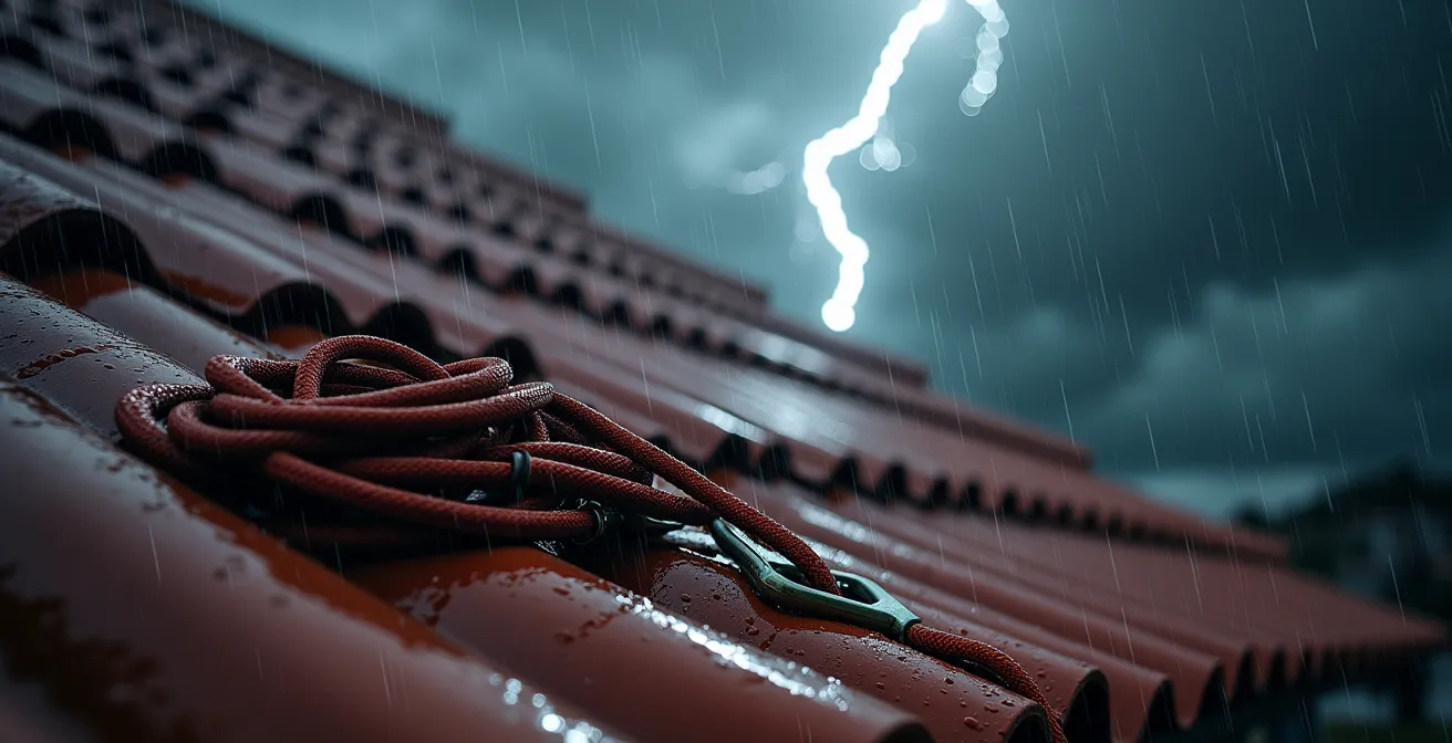 Vue d'un toit glissant sous la pluie avec équipements de sécurité au premier plan