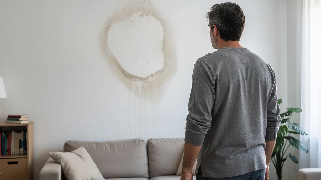 Propriétaire observant une trace d'humidité sur mur intérieur maison