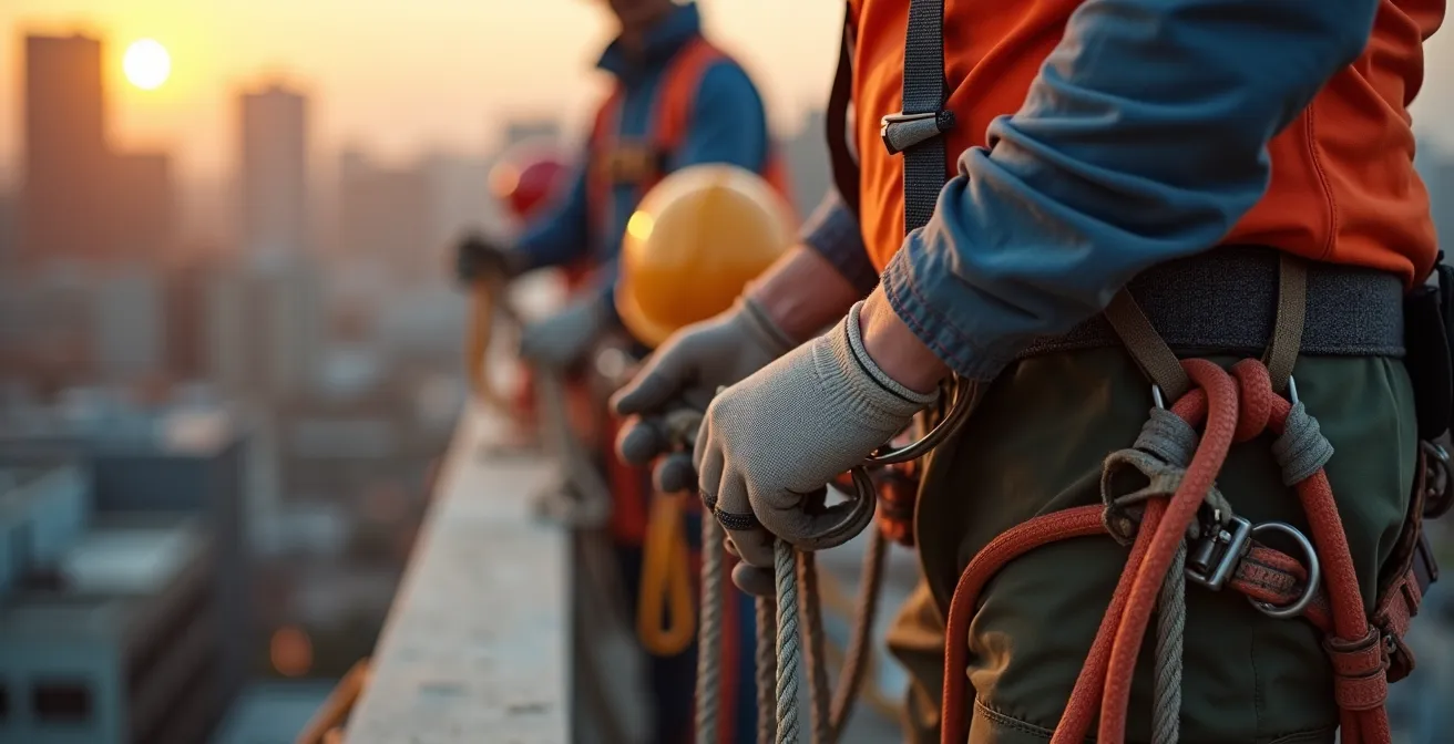 Système de sécurité avec surveillant de cordes en position haute sur un chantier