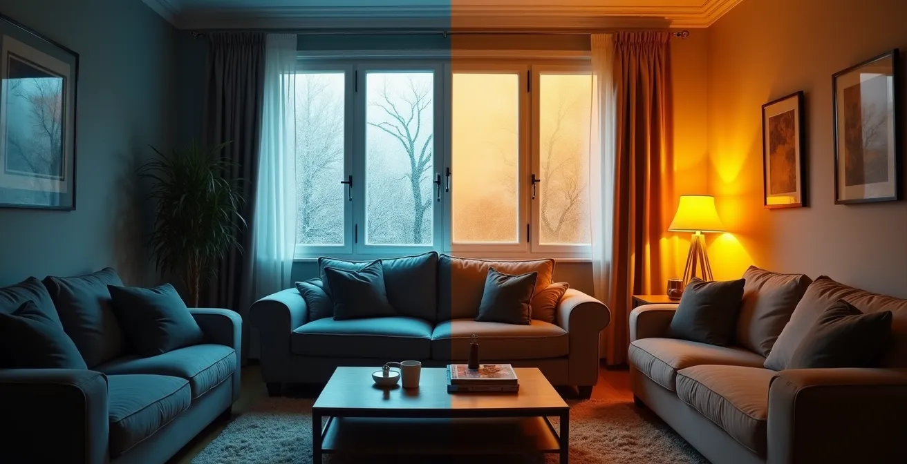 Comparaison visuelle avant-après d'un salon rénové énergétiquement