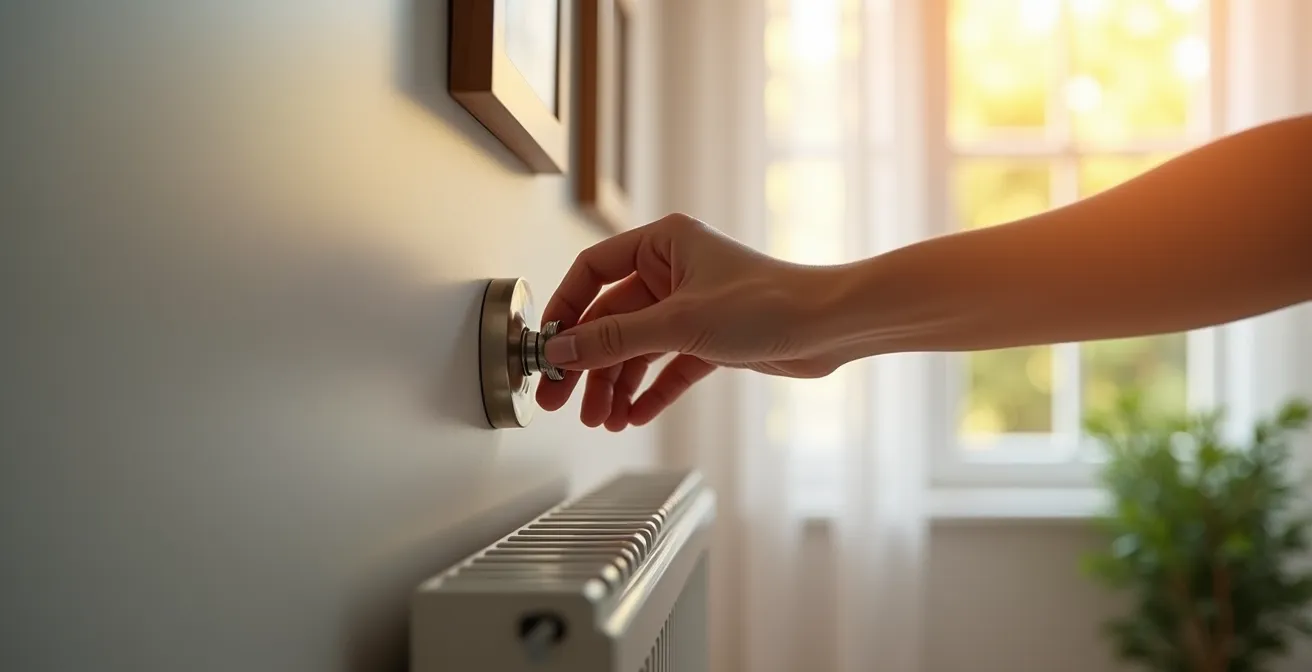 Vue rapprochée d'une vanne thermostatique moderne installée sur un radiateur dans une chambre lumineuse