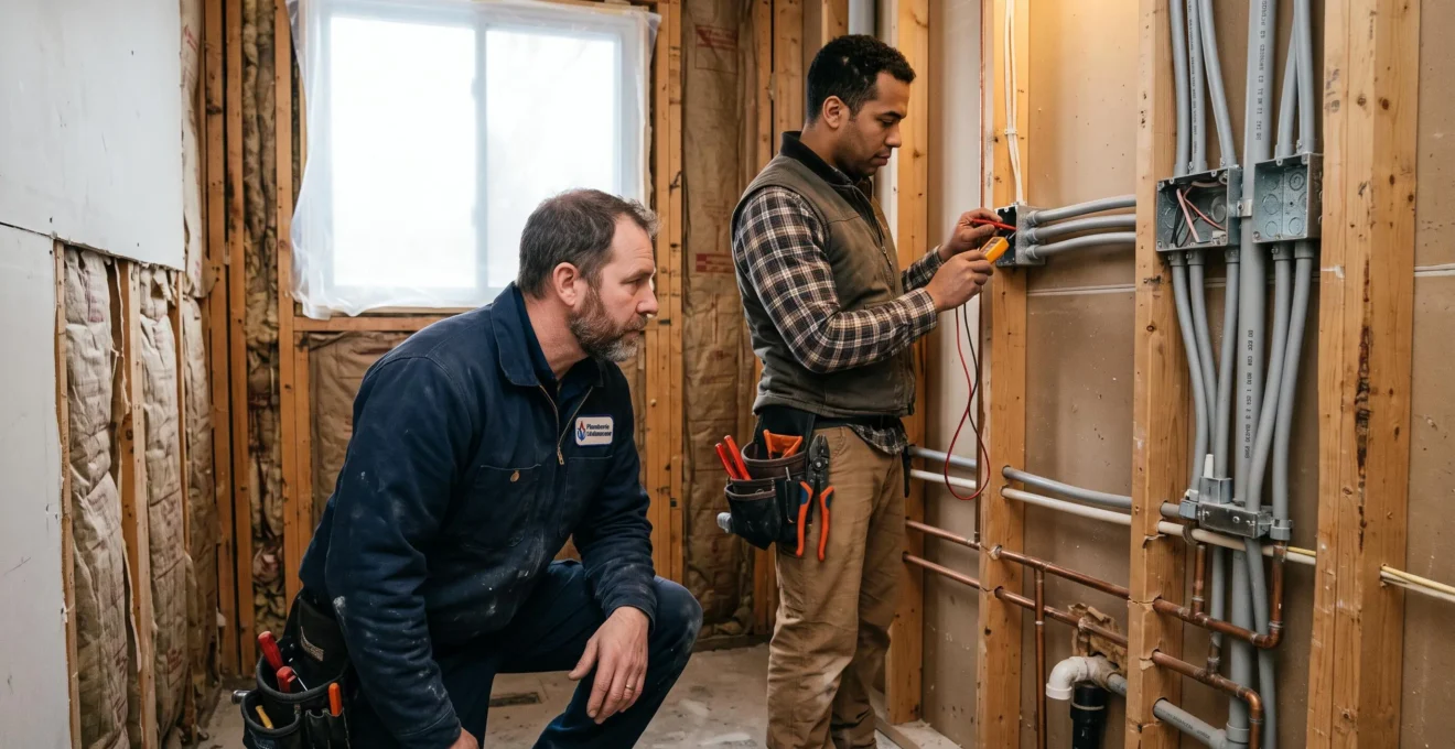 Plombier et électricien coordonnant leurs installations techniques dans une salle de bain en rénovation avec murs ouverts