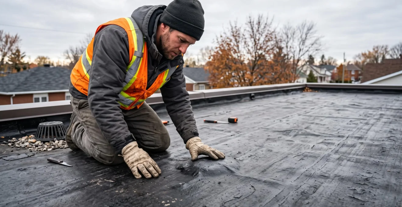 Un couvreur examine une cloque sur la membrane élastomère d'un toit plat résidentiel au Québec.