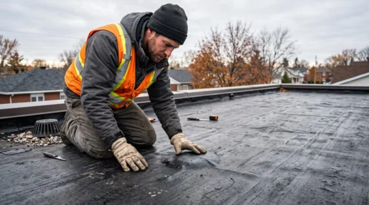 Un couvreur examine une cloque sur la membrane élastomère d'un toit plat résidentiel au Québec.
