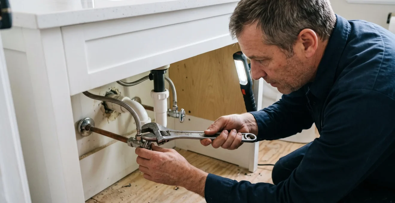 Plombier inspectant avec une clé les raccordements de plomberie sous un lavabo lors d'une rénovation de salle de bain