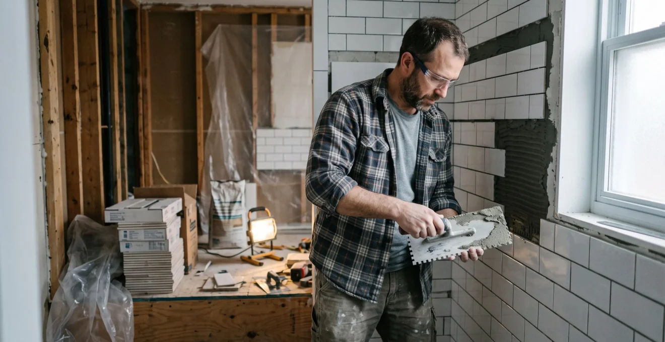 Artisan carreleur installant de la céramique murale blanche dans une salle de bain résidentielle en rénovation au Québec
