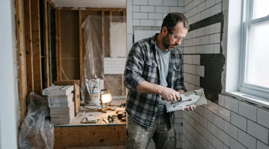 Artisan carreleur installant de la céramique murale blanche dans une salle de bain résidentielle en rénovation au Québec