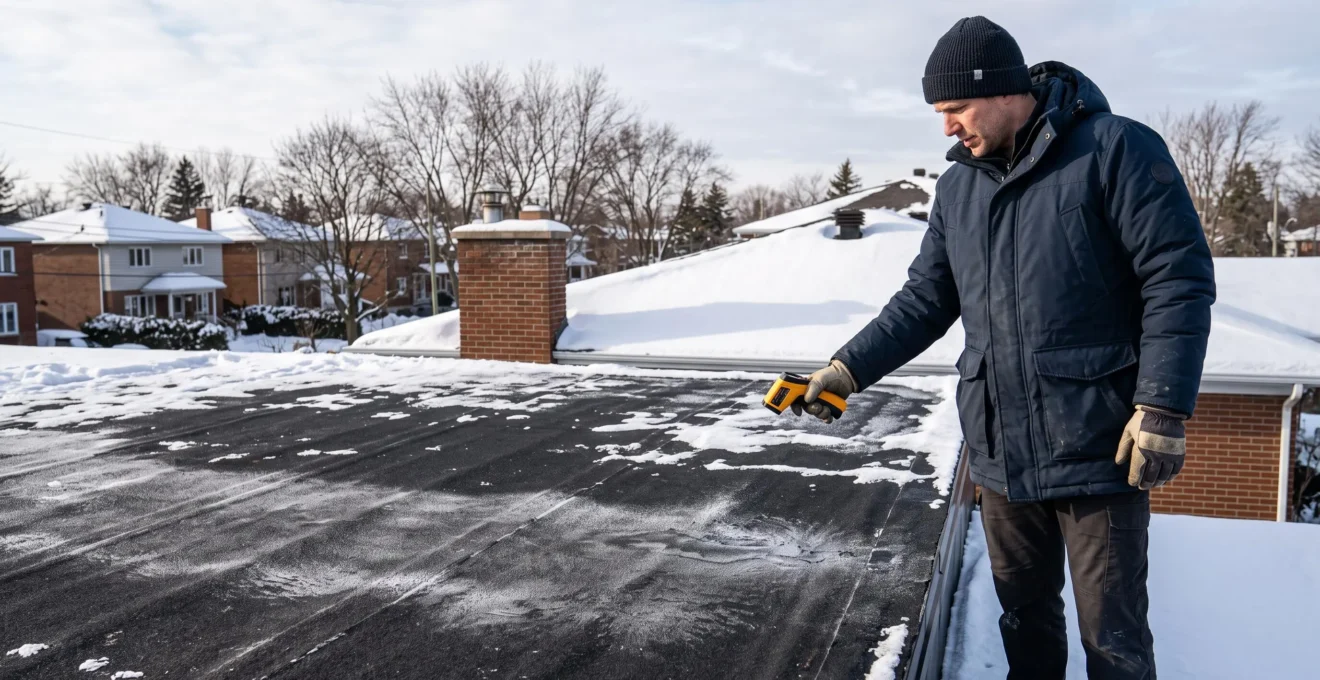 Un technicien mesure la température de la surface d'un toit plat en hiver à l'aide d'un thermomètre infrarouge.